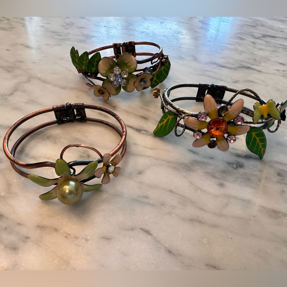 Set of 3 Floral Metal Bracelets with Gem Accents